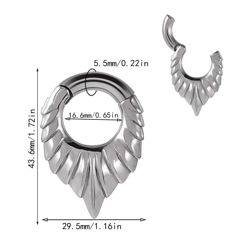 Stainless steel drop-shaped auricle ear extender with round hanging egg design and totem details.