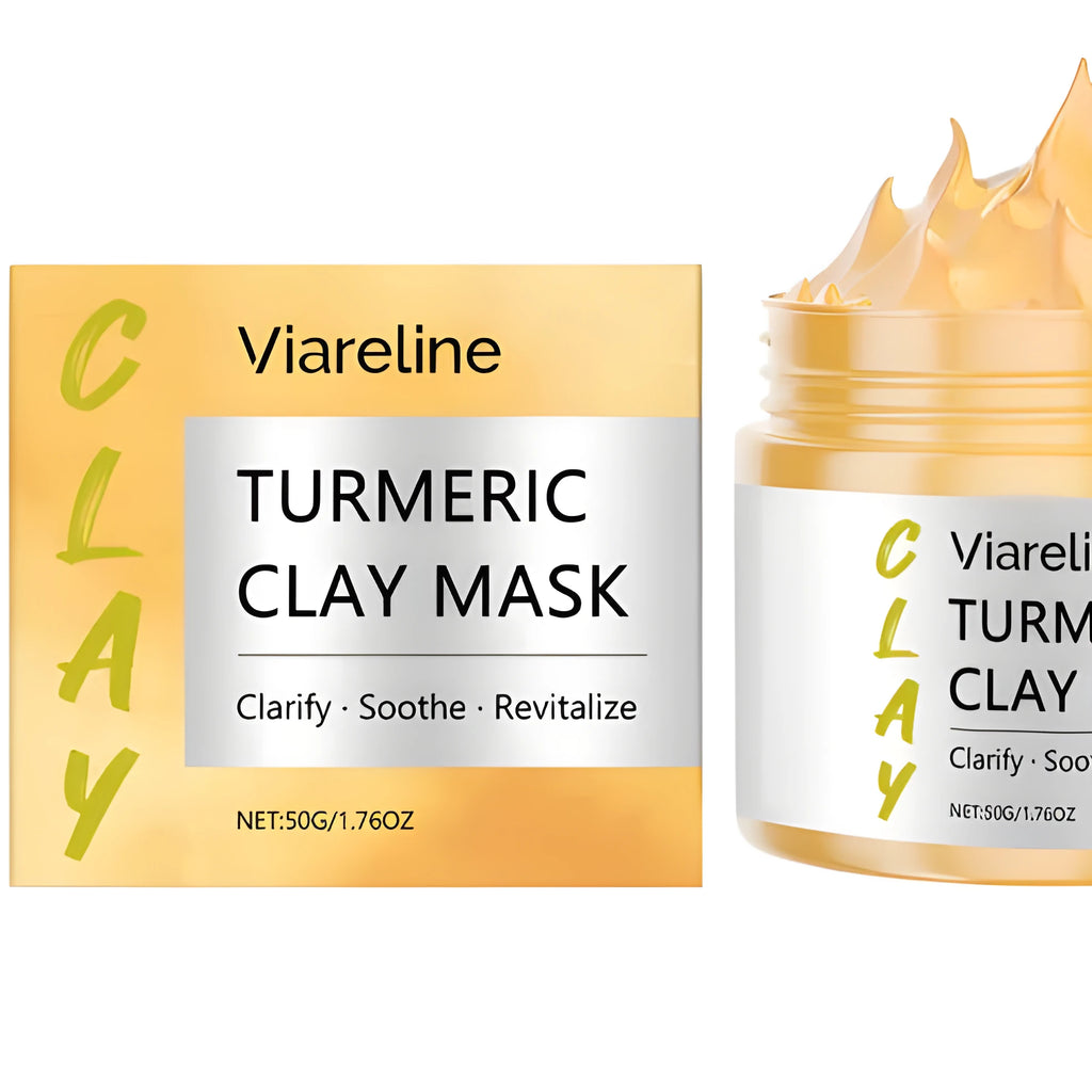 Yellow turmeric mud film in 50g jar with mask brush applicator for facial skincare