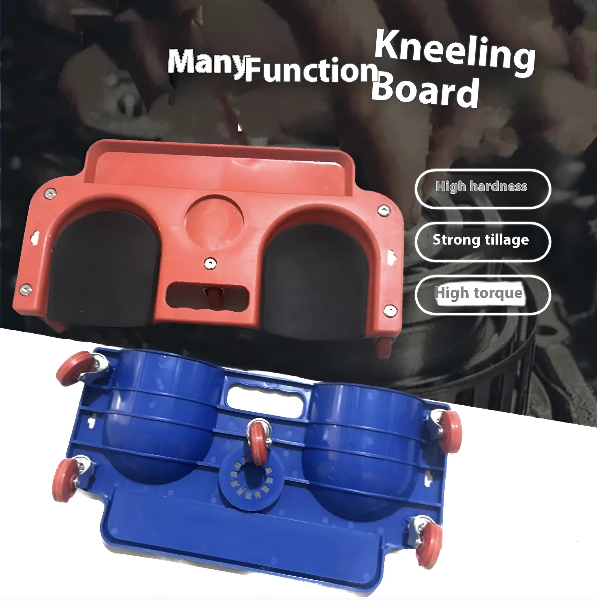 Car repair knee board with universal wheels in blue plastic for household use.