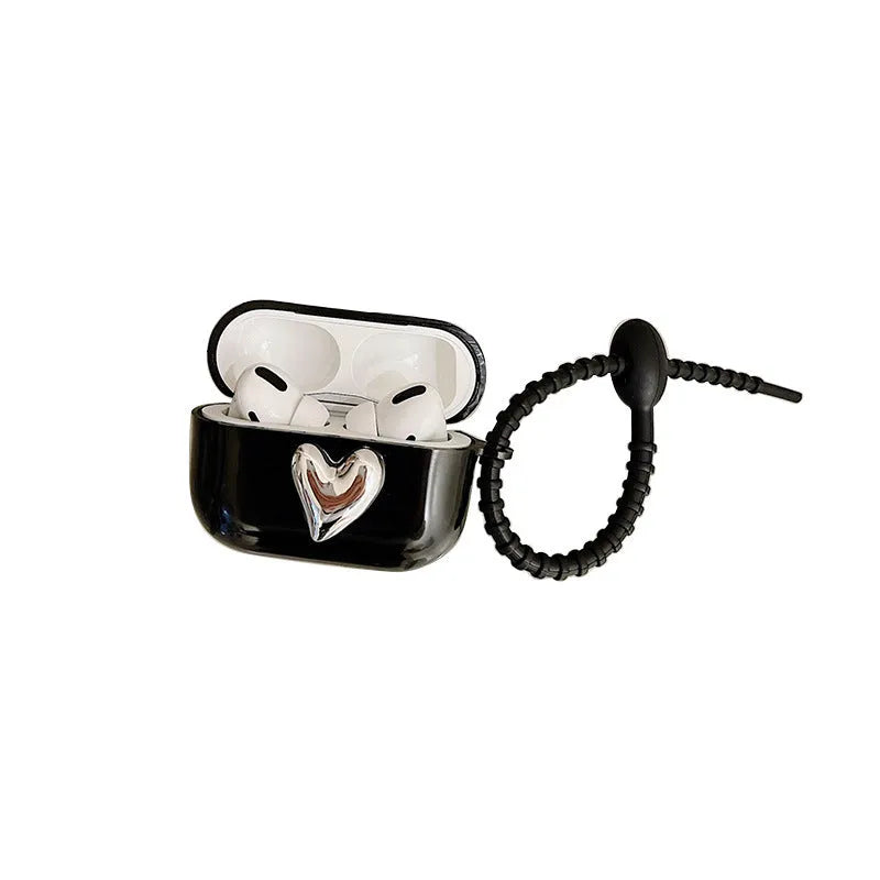 Black TPU earphone sleeve with electroplated love heart design and black cord for AirPods case