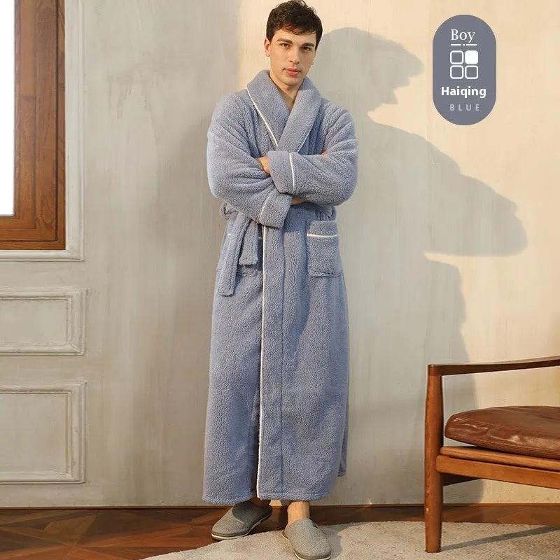 Thick flannel winter bathrobe for couples in multiple colour options like navy blue and cherry yellow.