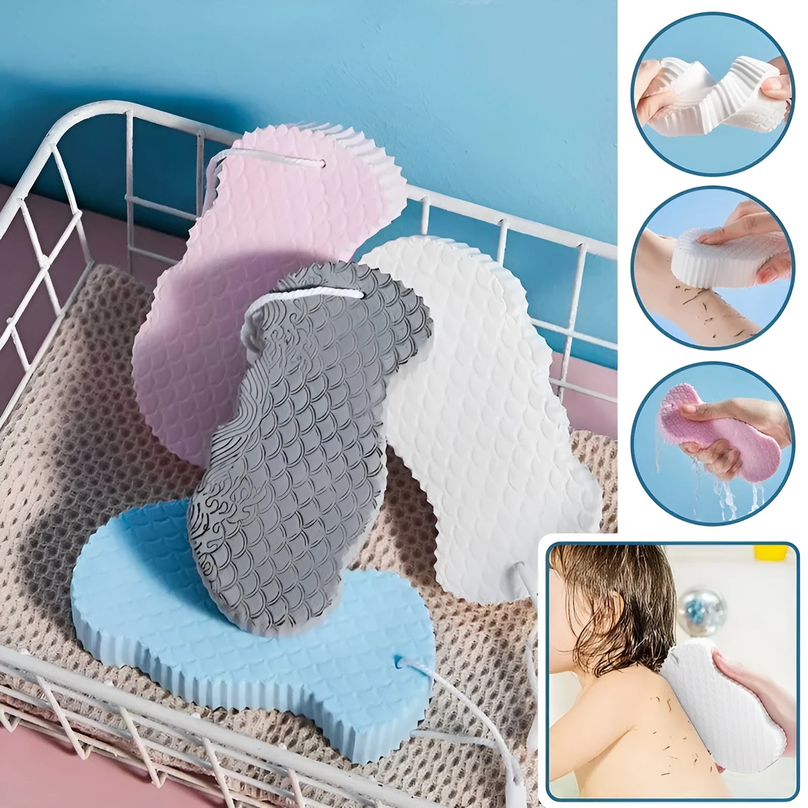 White bath sponge with fish scale pattern and hanging loop for bathroom exfoliation