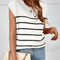 A woman's striped sleeveless pullover vest in acrylic fabric on a hanger, showing bone stitch detailing.
