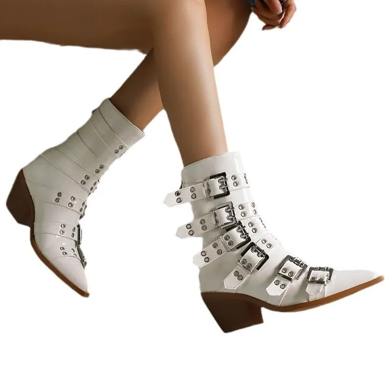 Autumn winter pointed knight women's boots with belt buckle, black patent leather, plus sizes