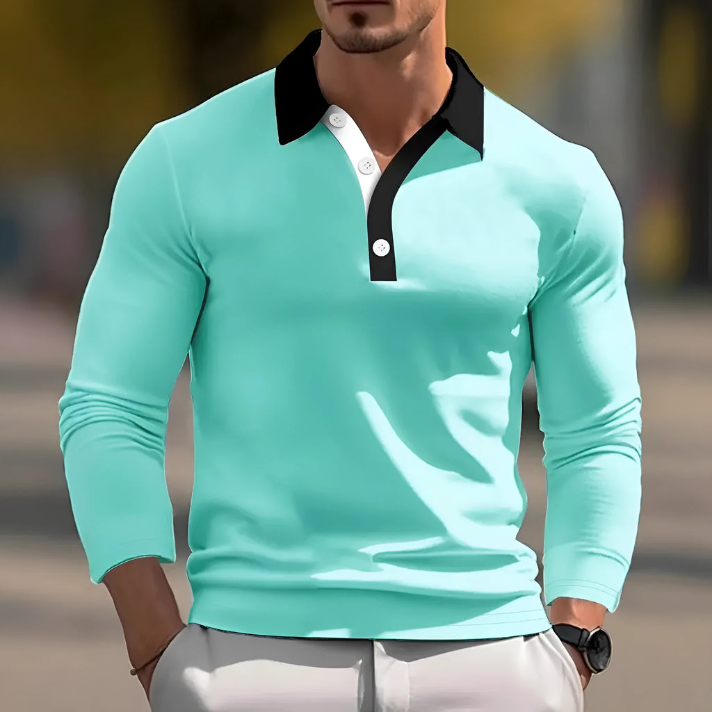 Men's retro-style long sleeve polo shirt with button detailing in loose fit