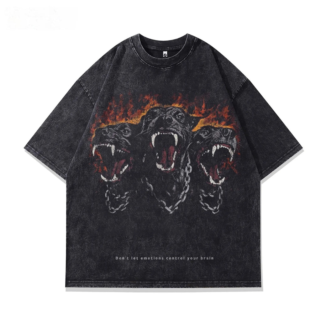 Man wearing a loose-fit short sleeve t-shirt with a printed character design on pure cotton fabric.