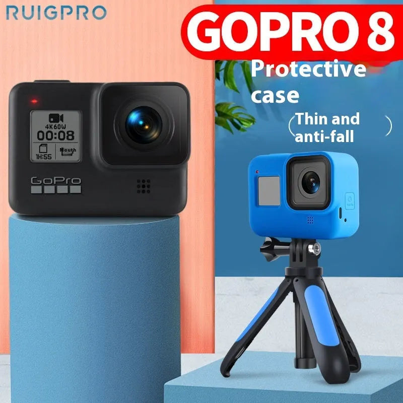 GoPro Hero 8 Black camera with blue silicone protective sleeve and neck lanyard carrying strap