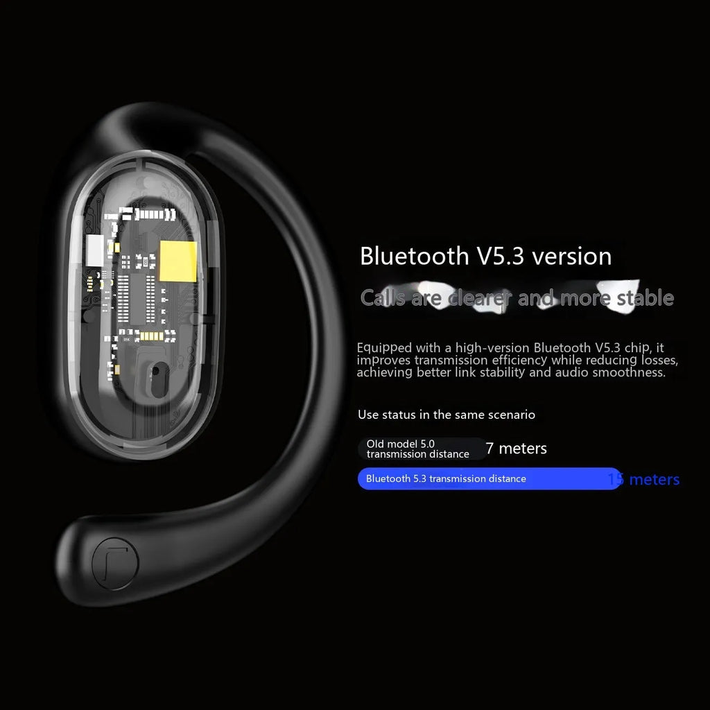 Bone conduction sports headset in black with ear hook design and digital battery display