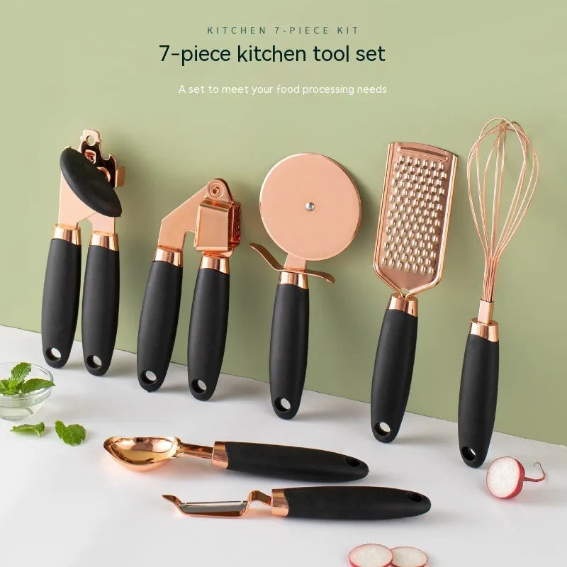 Rose gold plated stainless steel 7-piece kitchen tool set with cutlery rack in mint green colour