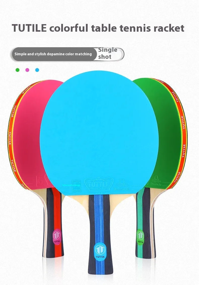 A pink pure wood table tennis racket with a long shakehand grip handle next to its matching protective cover.