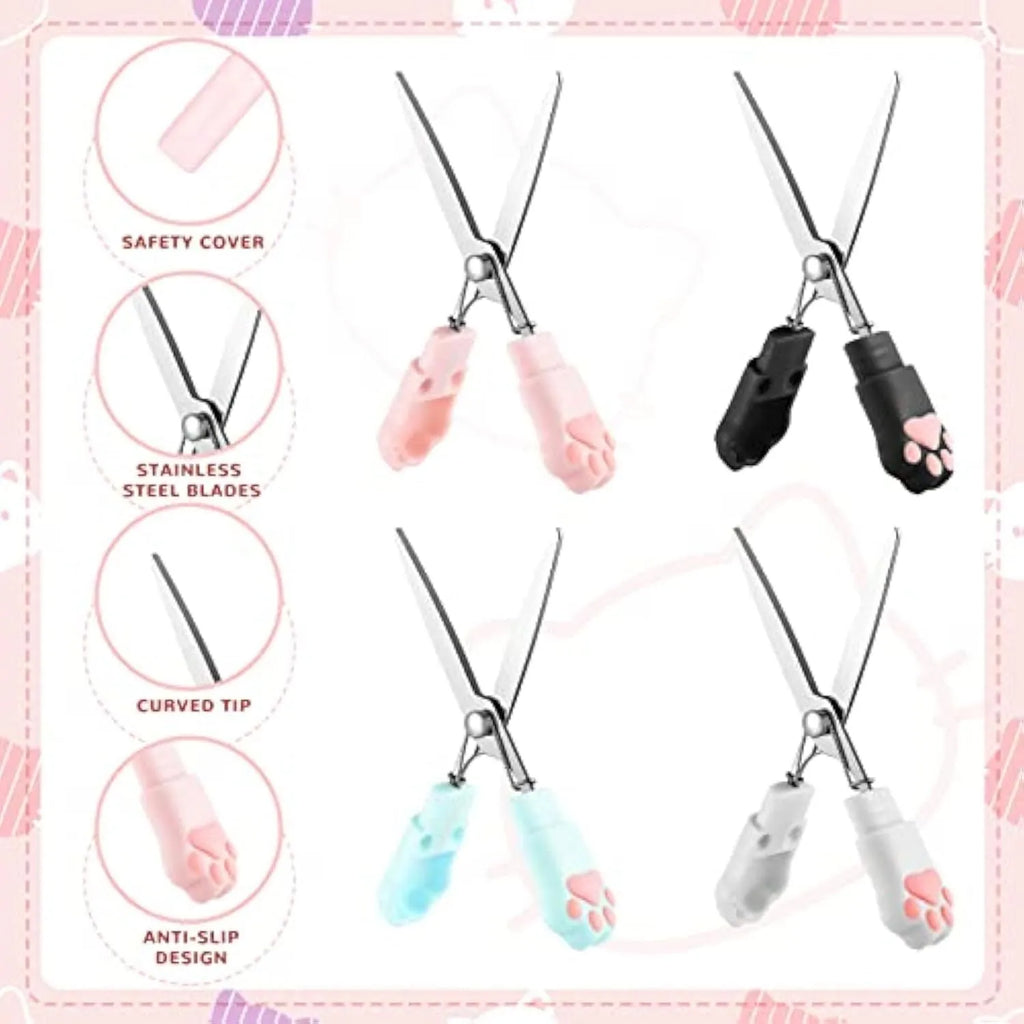 Set of four mini folding scissors with cat paw handles in pink, white, black, and blue colours, shown closed.