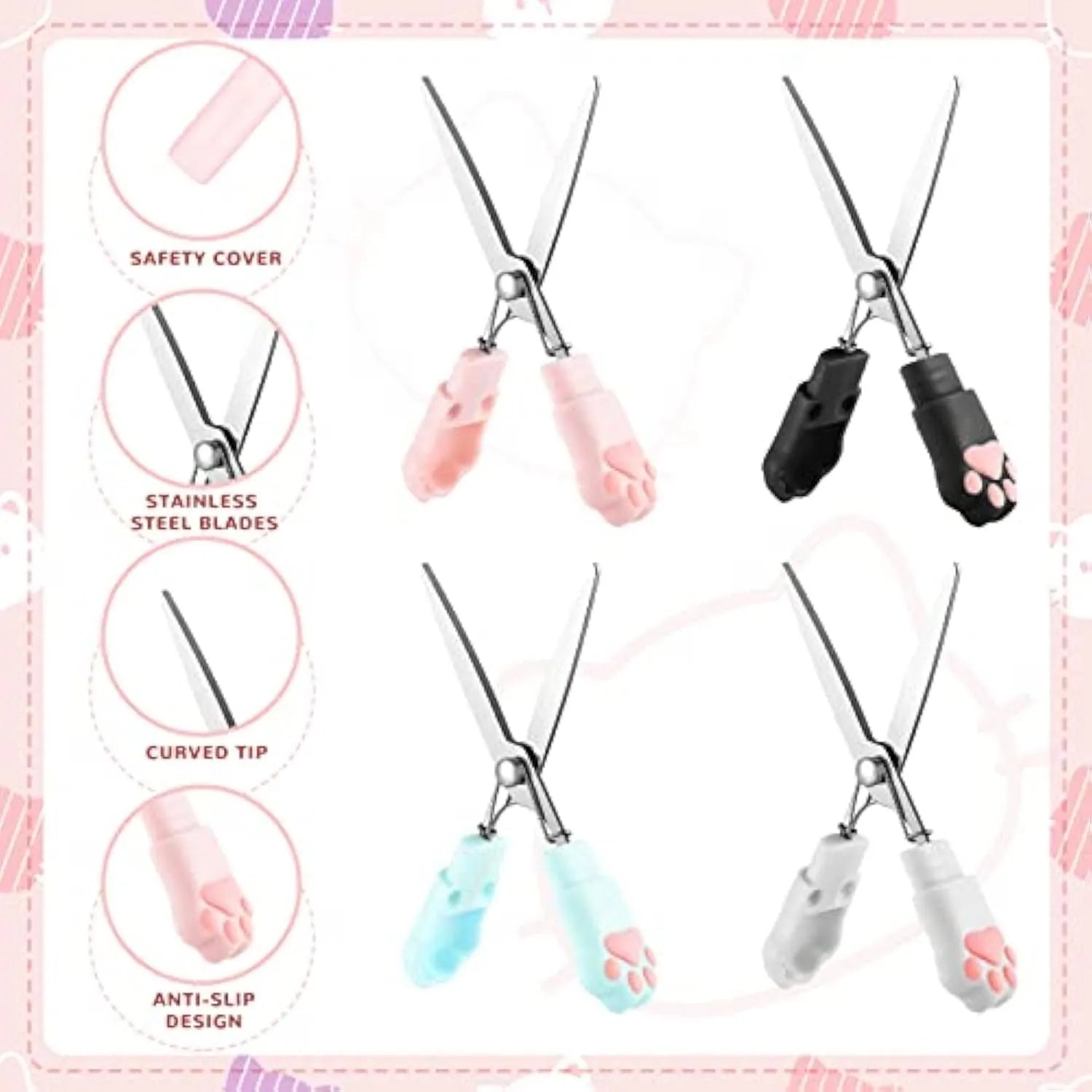 Set of four mini folding scissors with cat paw handles in pink, white, black, and blue colours, shown closed.
