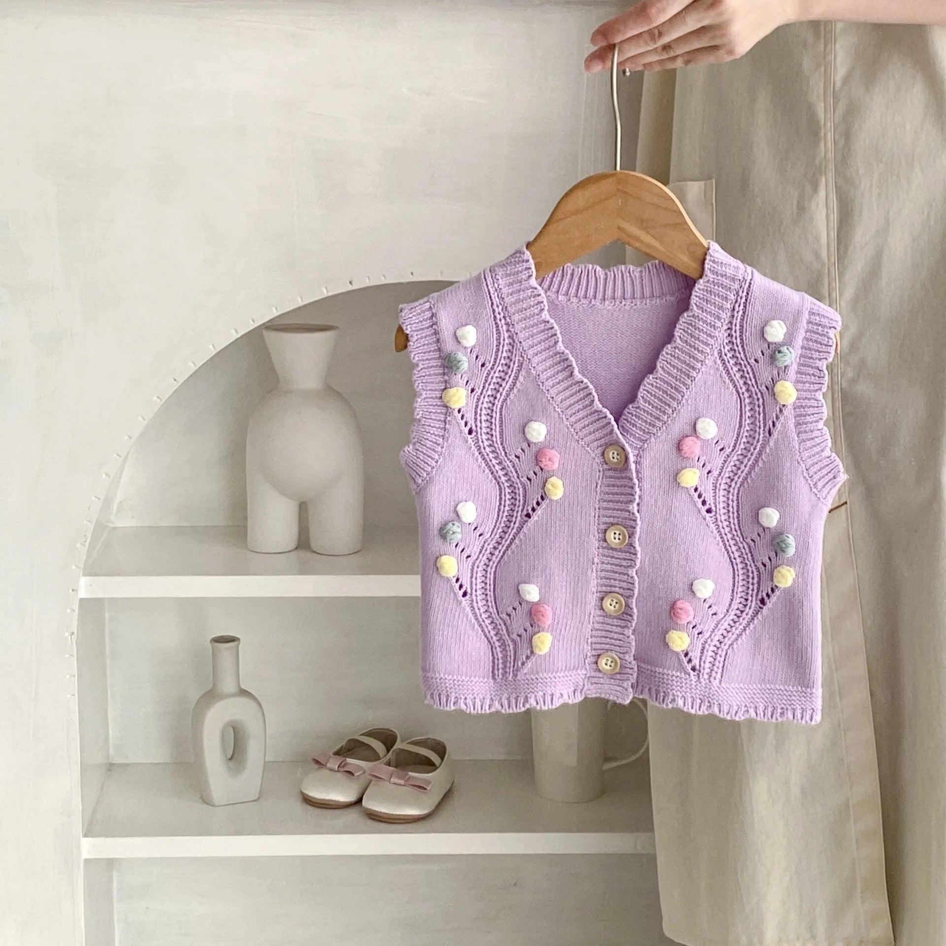 Cute purple dot children's knitted cotton vest sleeveless casual top for toddlers 73cm size