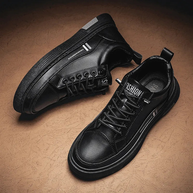 Men's white low-top skate shoes with elastic band closure and rubber sole.