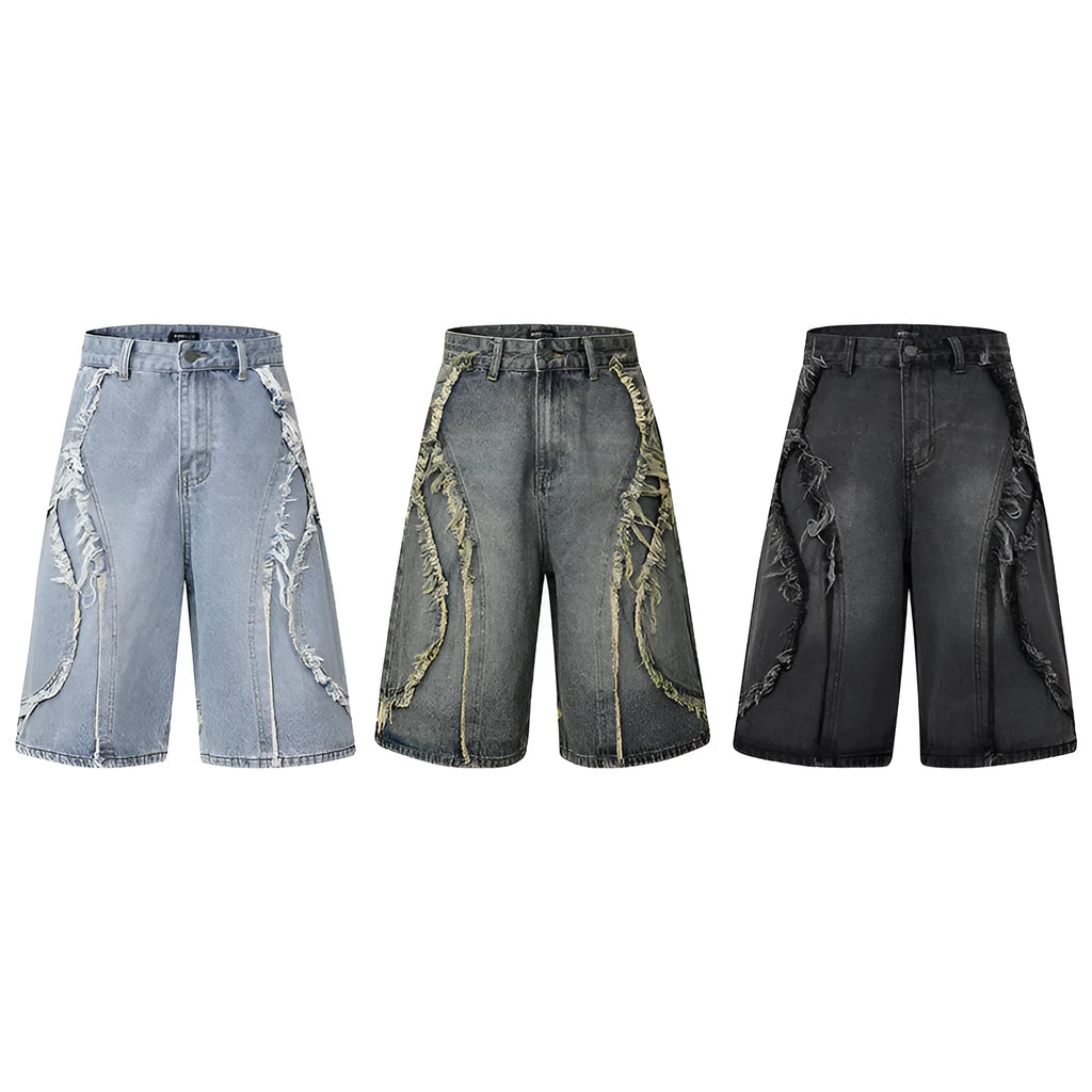 Men's distressed light blue denim shorts with raw edge detailing and a straight leg cut on a plain background.