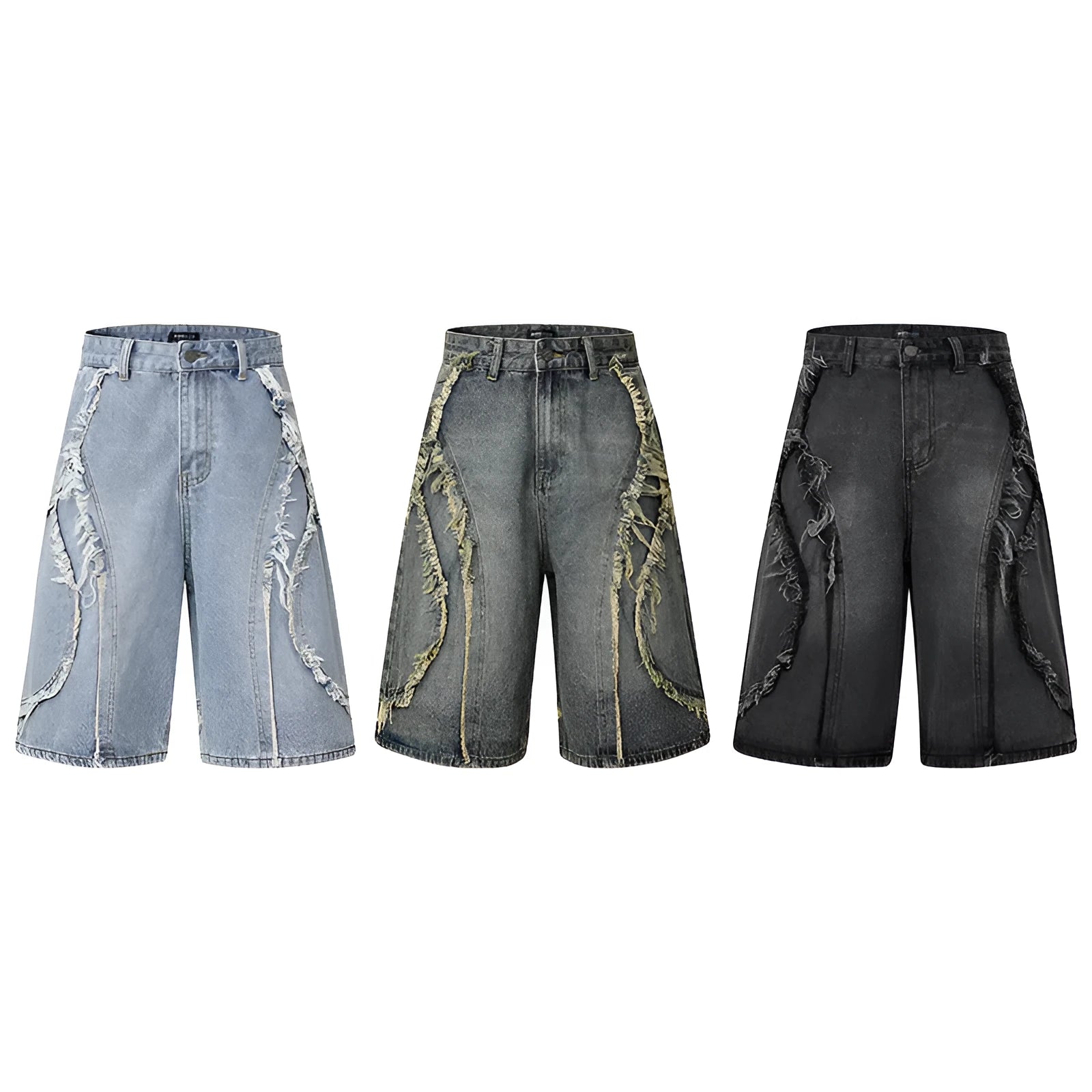 Men's distressed light blue denim shorts with raw edge detailing and a straight leg cut on a plain background.