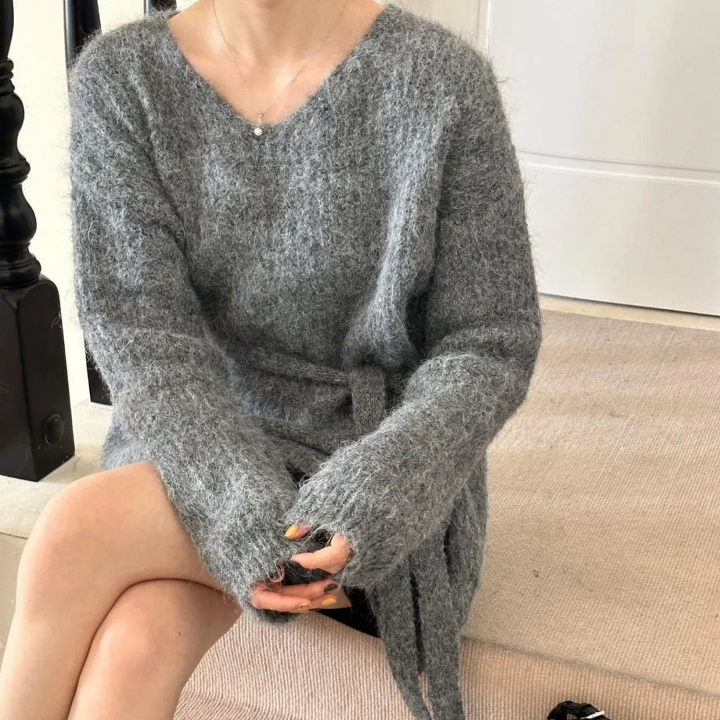 V-neck halter ribbon loose lazy style mid-length sweater in polyester for women