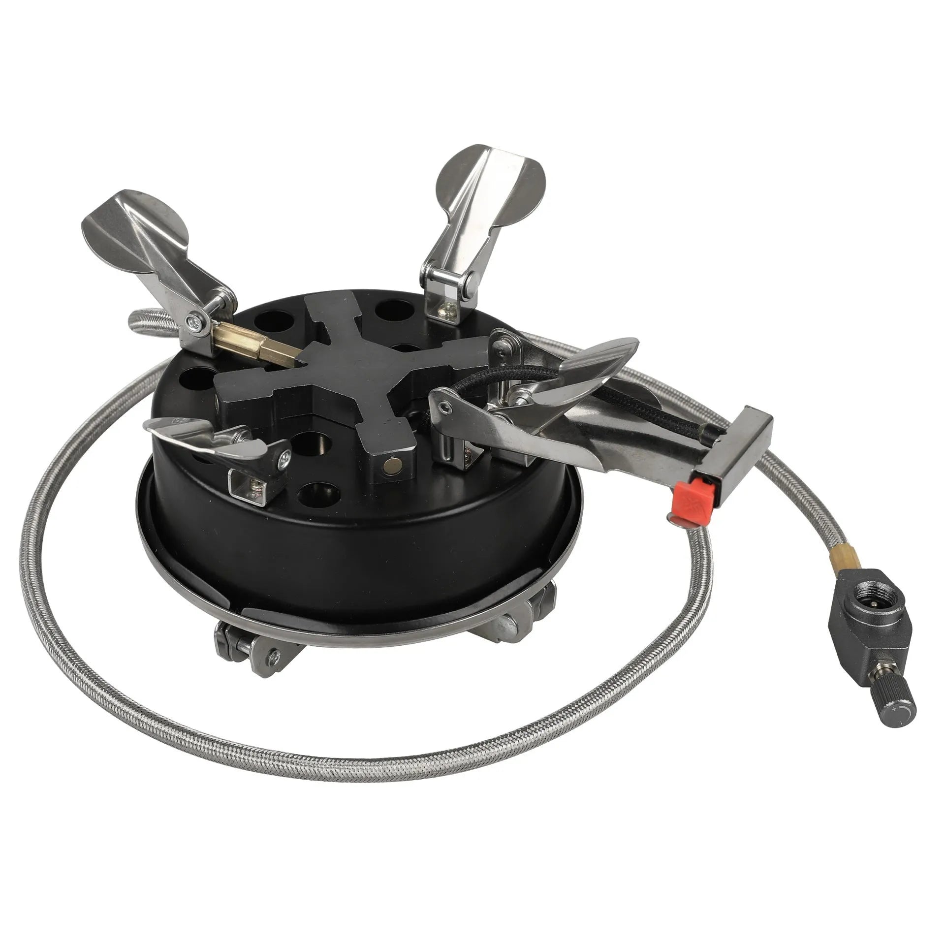 Silver portable stainless steel split camping stove shown with its 100cm fuel hose, folded to 155mm by 125mm.