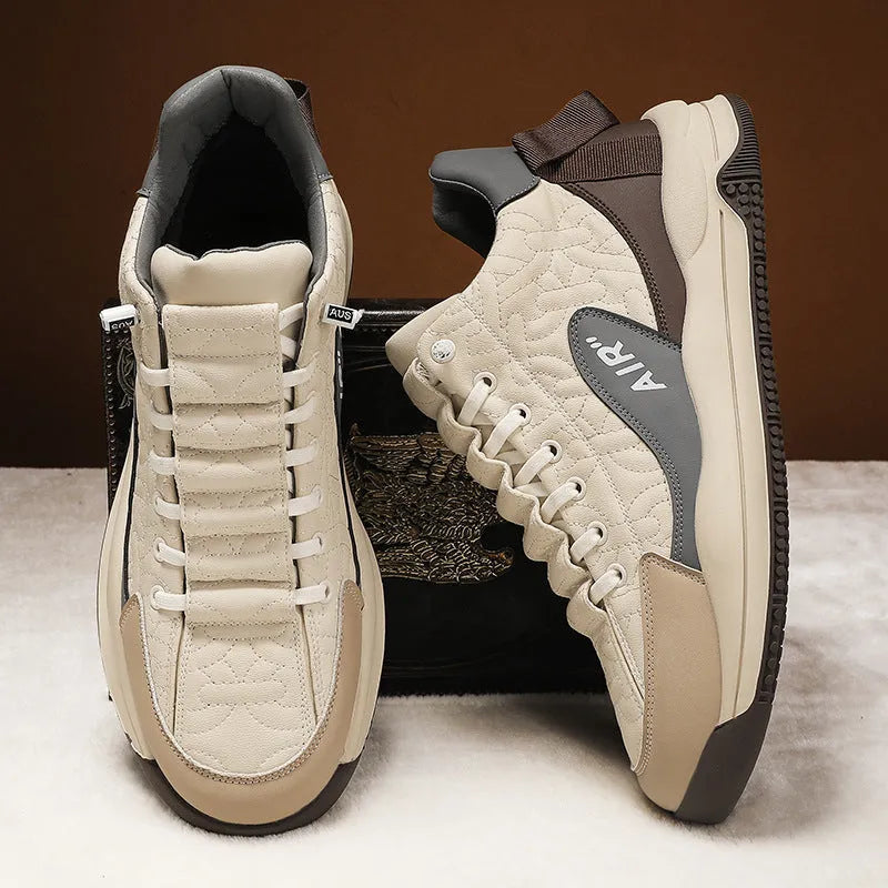 Men's sport platform heightening shoes in beige artificial PU with chunky sole, daddy-shoe style