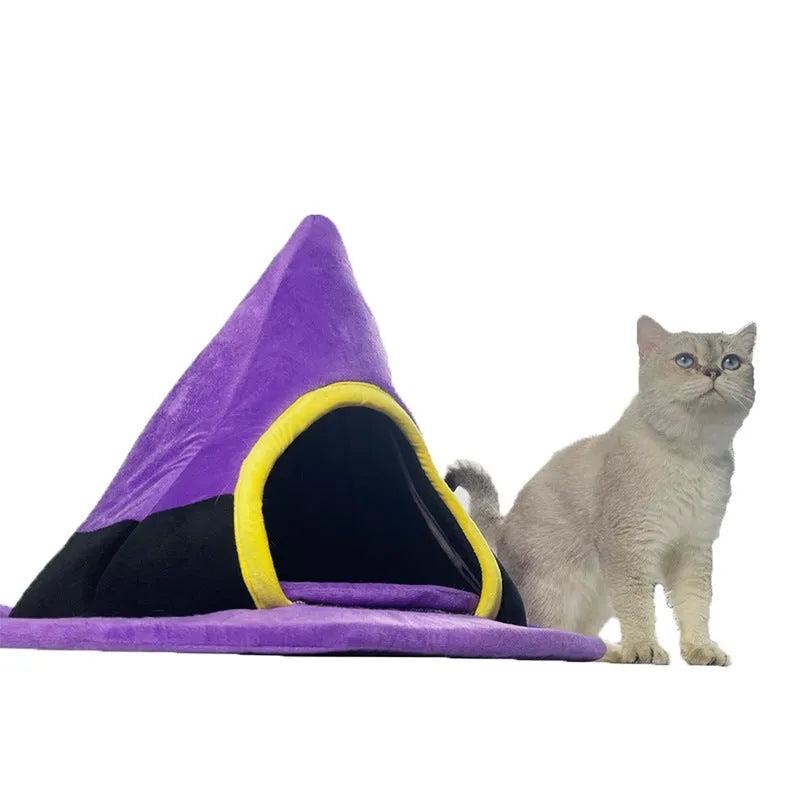 Purple cloth witch hat shaped cat nest bed measuring 60x46cm for indoor feline pets