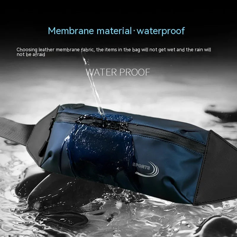 Men's blue waterproof sports waist bag made from Derm Oxford polyester with 45cm length