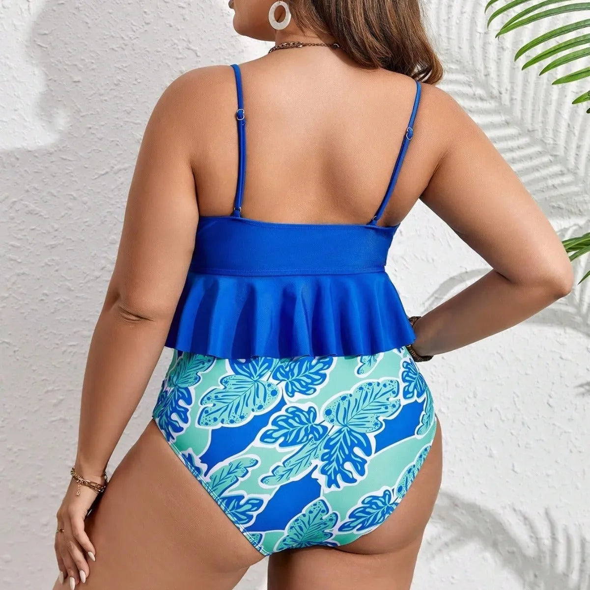 Blue polyester bikini swimsuit set with separate top and briefs in European and American sizes