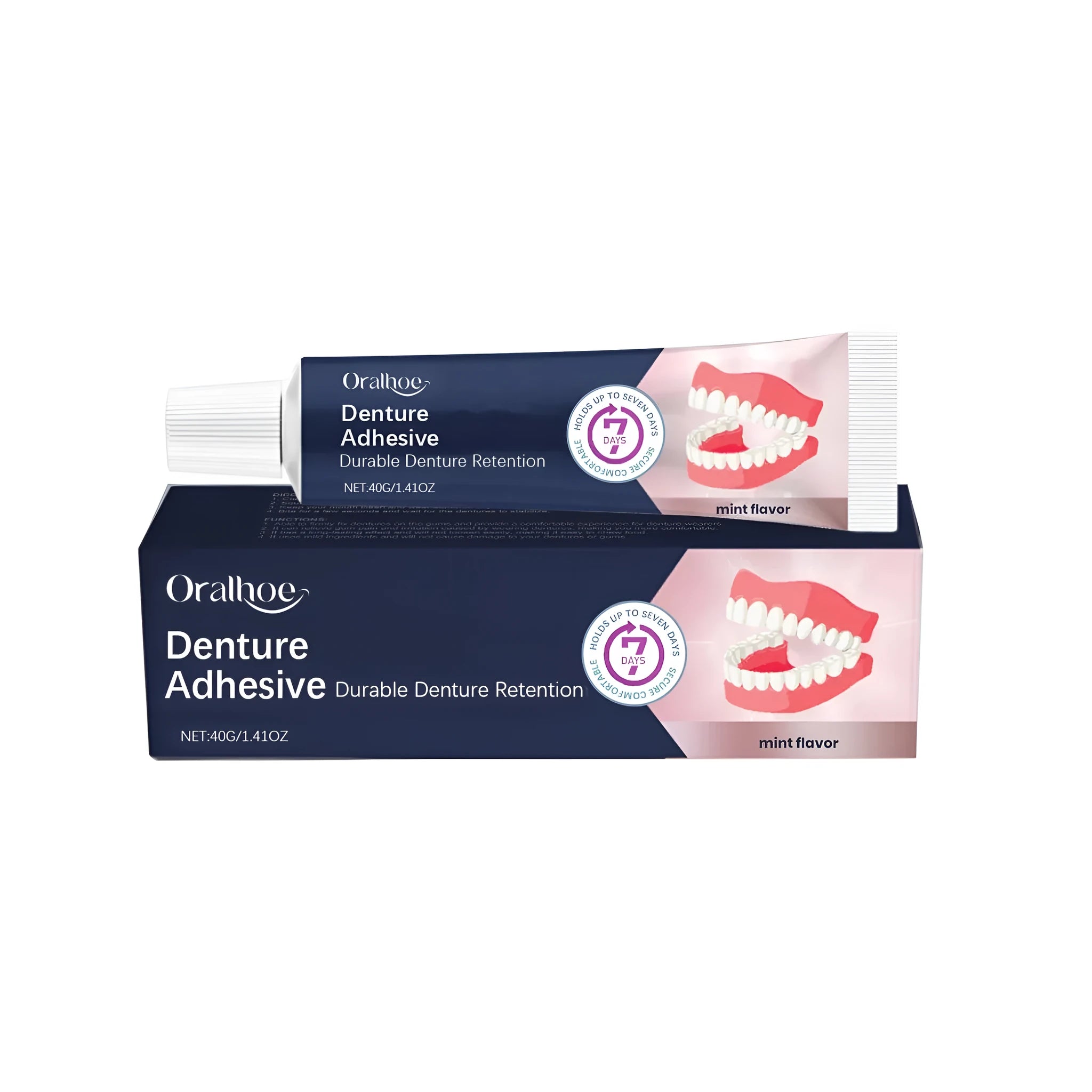 40g tube of denture fixing adhesive cream on a blue background.