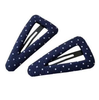 French retro dot pattern barrettes in triangle and water drop shapes with dark denim designs