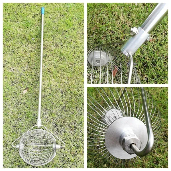 Metallic coloured stainless steel golf ball picker with a long handle