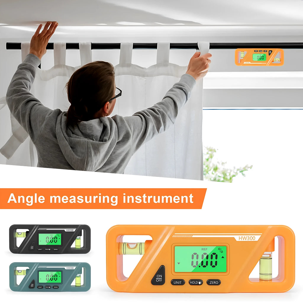 Black digital angle gauge with LCD display and magnetic base, showing 45-degree reading.