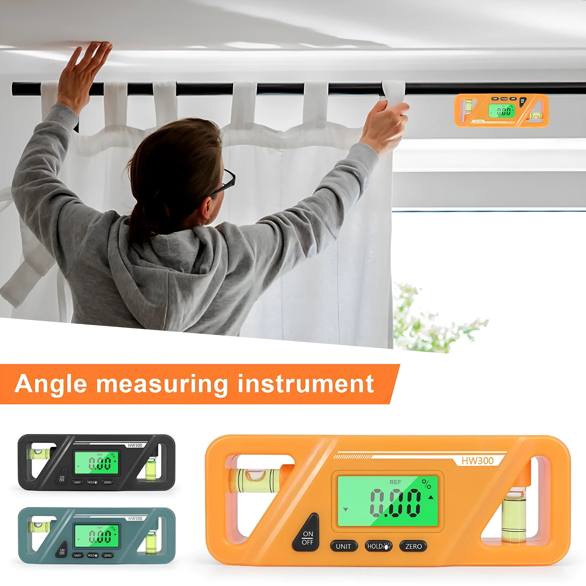 Black digital angle gauge with LCD display and magnetic base, showing 45-degree reading.