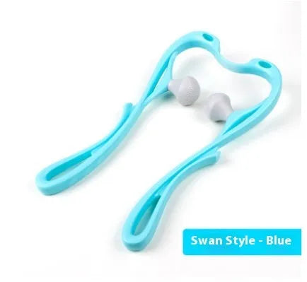 Blue manual swan-shaped neck massager with six rolling wheels and a natural crystal jade scraping board on a white background.