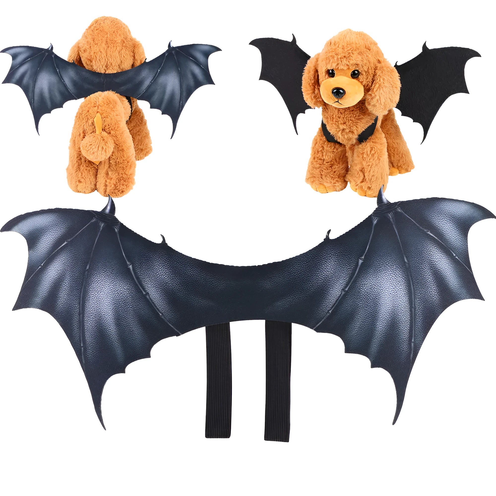 Black cloth bat wings Halloween costume shown on a dog, with size options for 40cm, 55cm, and 64cm wingspans.