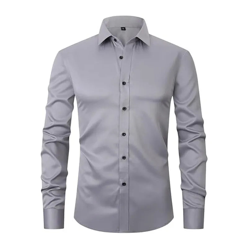 Men's stretch long sleeve work shirt in polyester fabric shown in a light colour, featuring a button front and long sleeves.