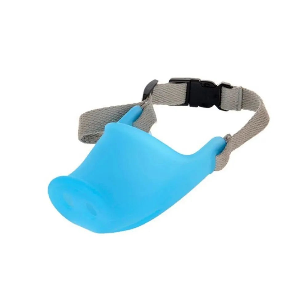 Blue and green silicone dog muzzle covers shown in small and large sizes for anti-bite training.