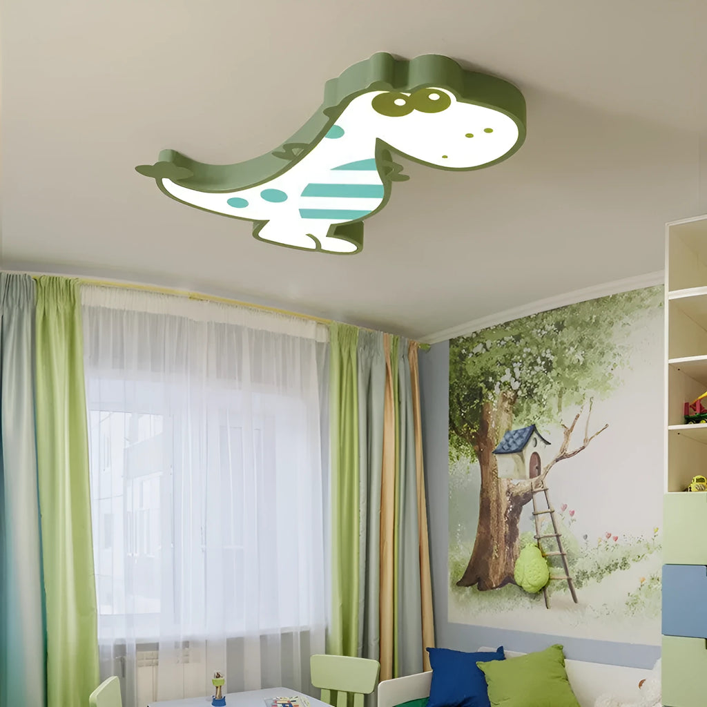 Green cartoon dinosaur ceiling light with aluminium body and PVC shade, electrodeless dimming function