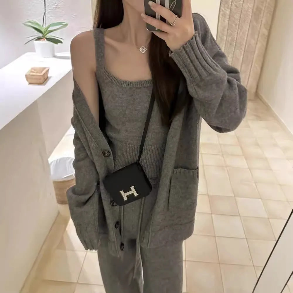 Women's knit cardigan vest suspender pants three-piece set in light coffee colour