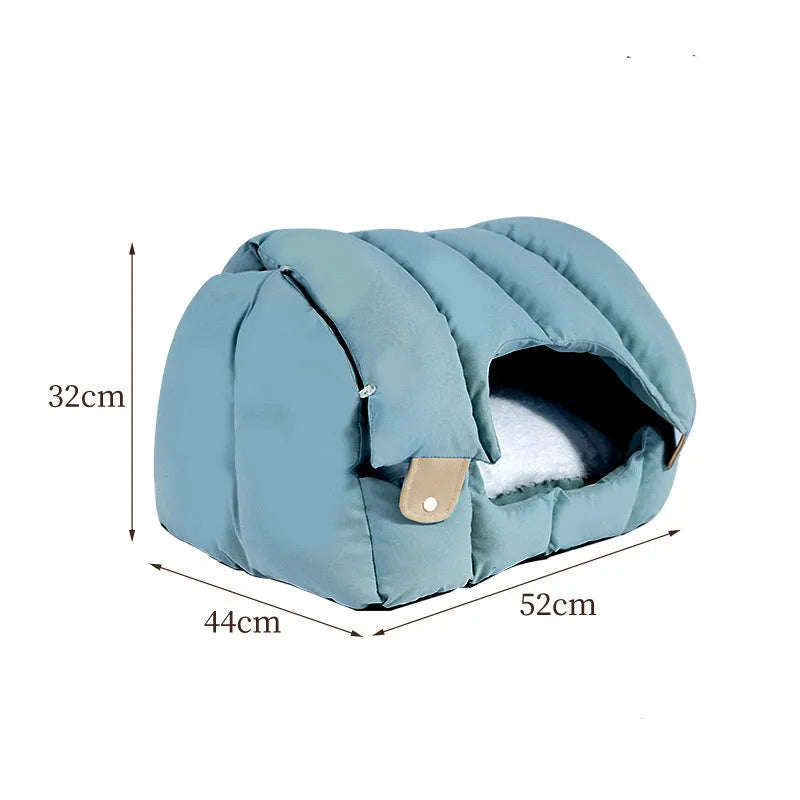 Grey arched cat nest with removable cover shown in both enclosed and open sofa configurations