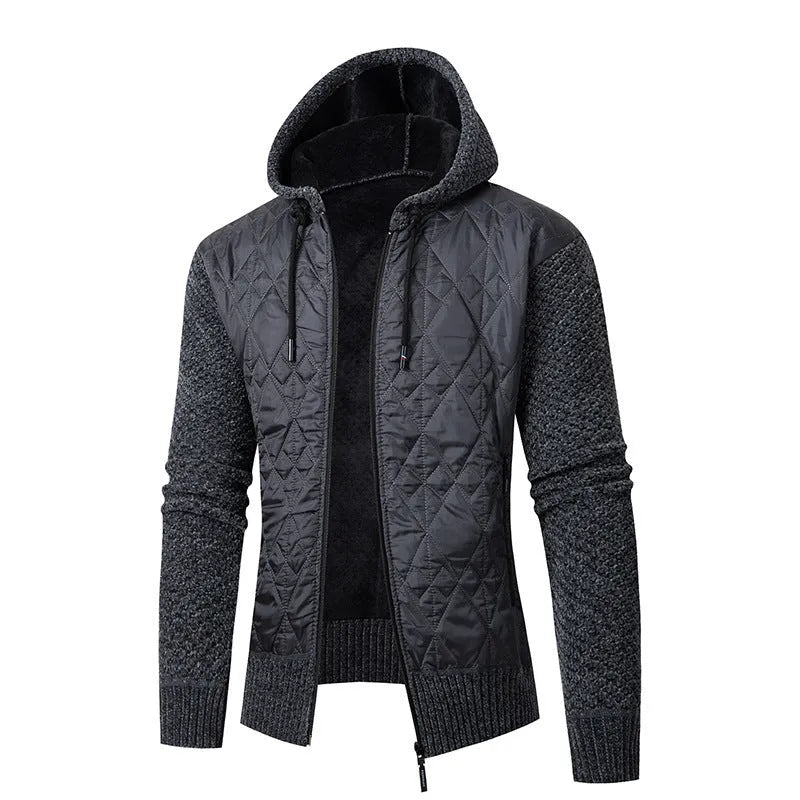 Men's grey hooded corduroy sweater coat with cinched waist on a hanger.