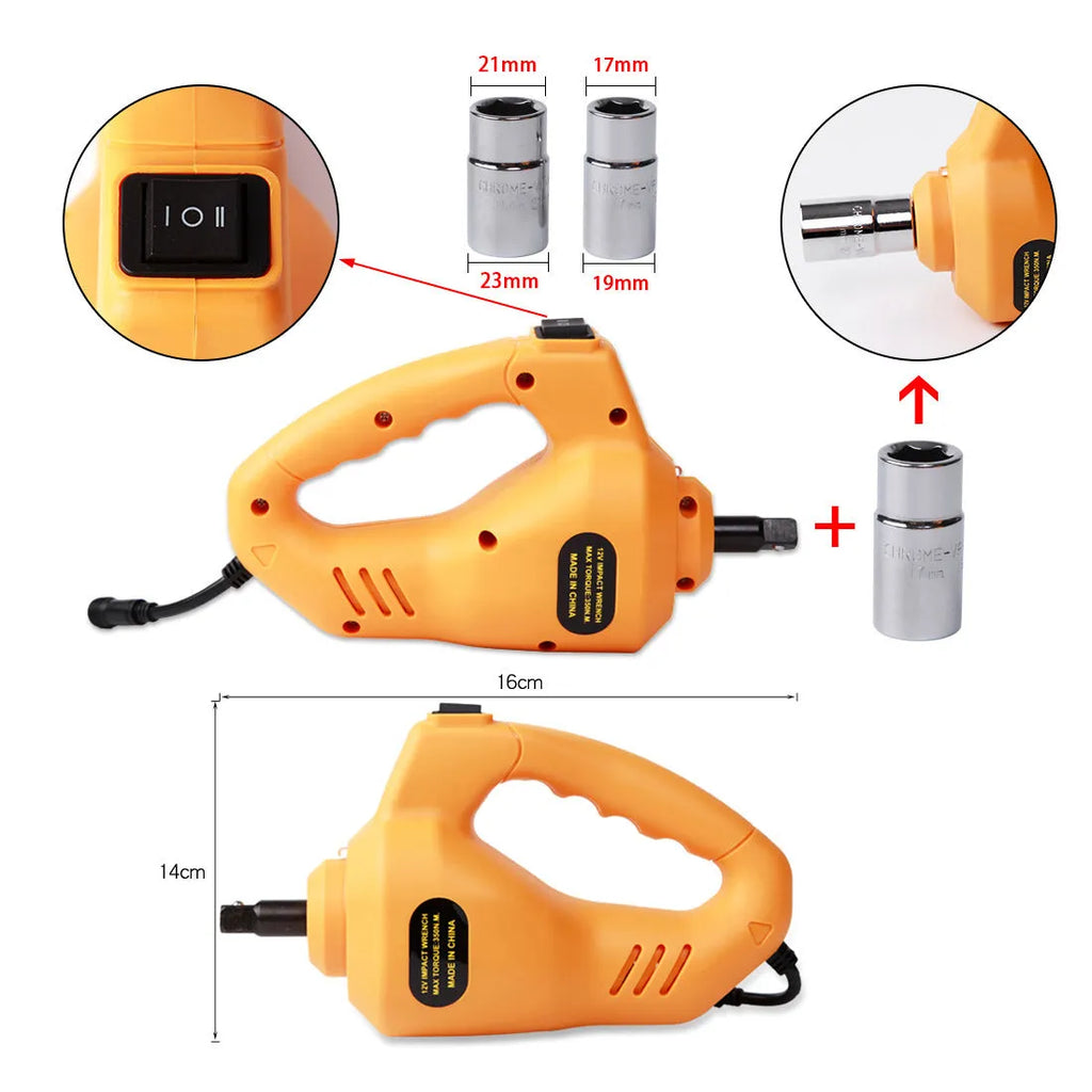 Yellow electric car jack set with steel construction and electric wrench for tyre changes