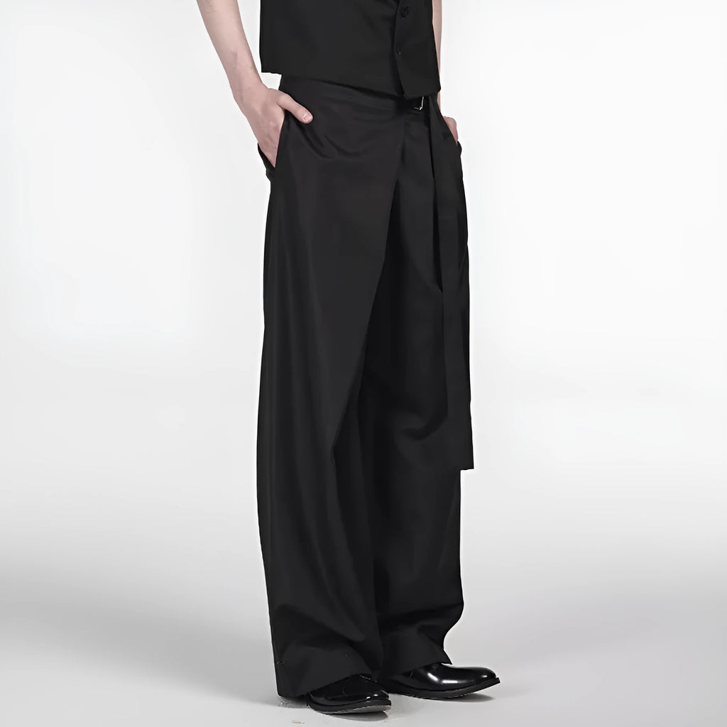 Black women's straight-leg trousers with a single pleat front and adjustable waistband on a hanger.