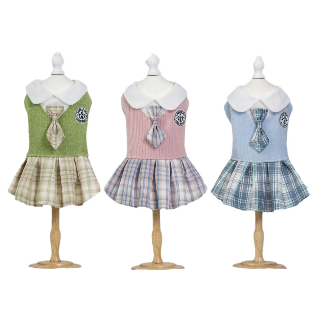 A pink, blue, or green tartan skirt for dogs or cats in a princess style.