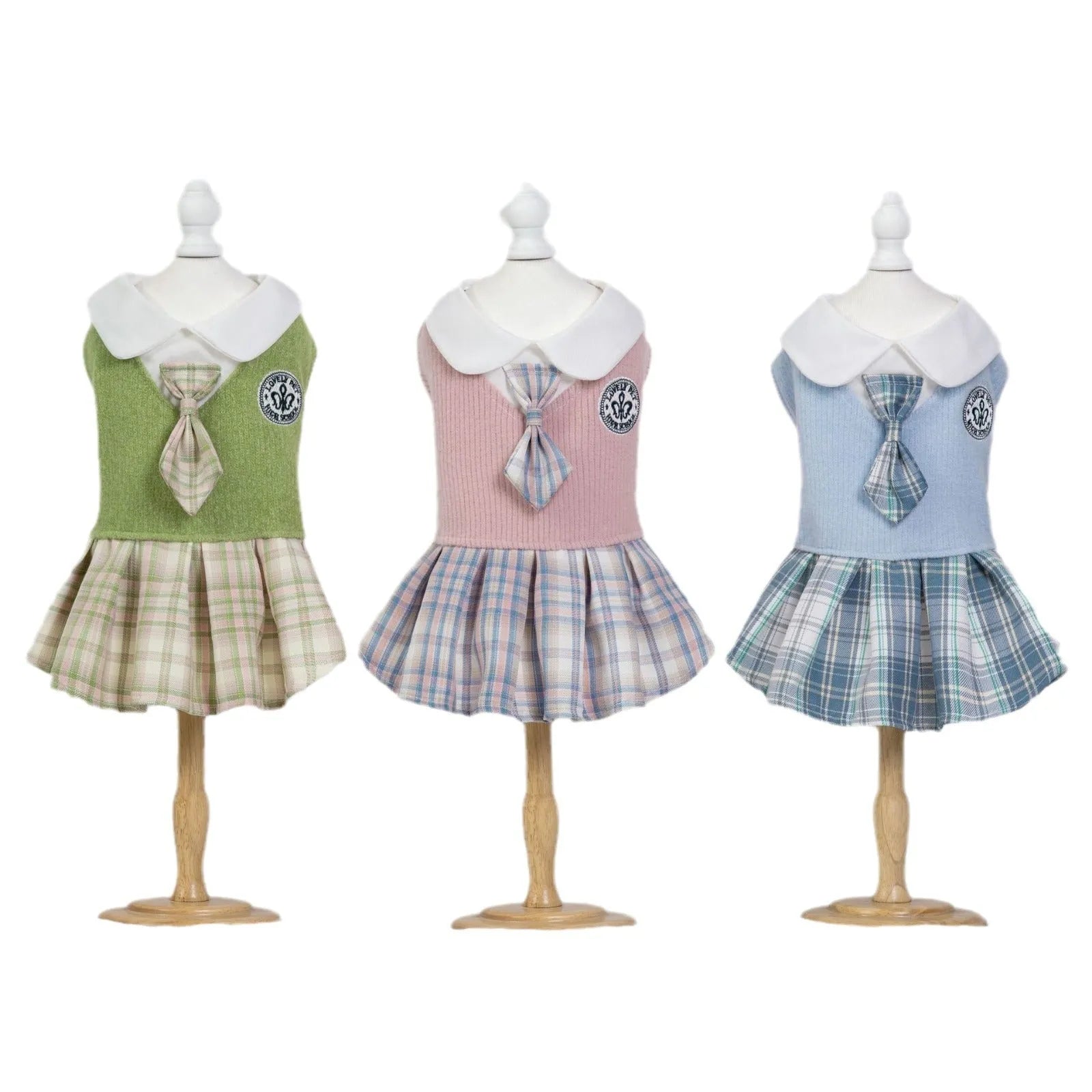 A pink, blue, or green tartan skirt for dogs or cats in a princess style.