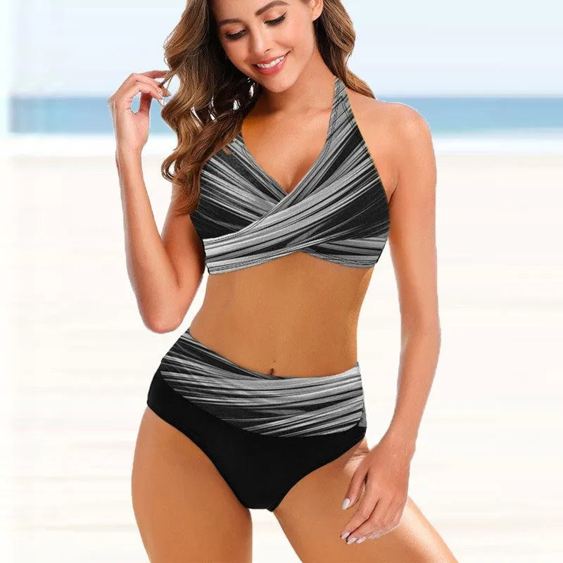 Ladies striped tie-dye bikini set with high-waisted hollow briefs in polyester fabric