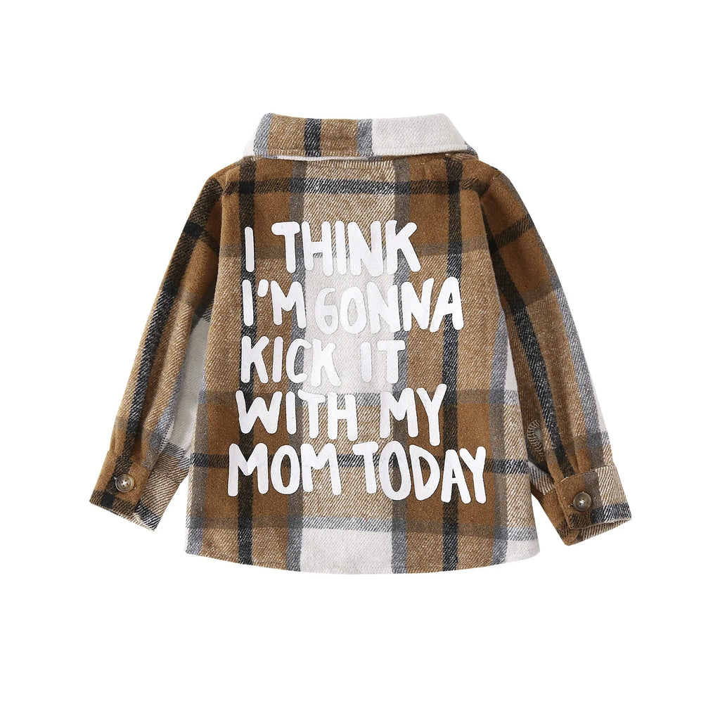 Children's fleece plaid t-shirt in combed cotton with long sleeves and letter print, neutral style