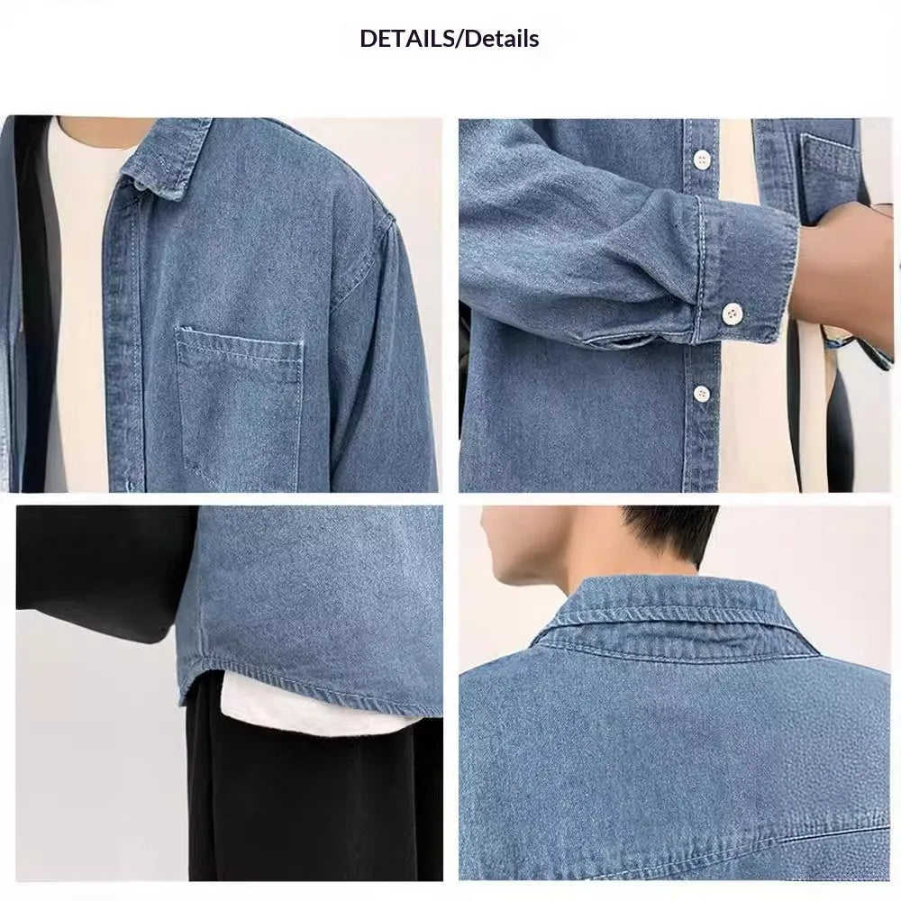 Men's pure cotton denim long sleeve shirt in dark blue, loose cardigan style, front view