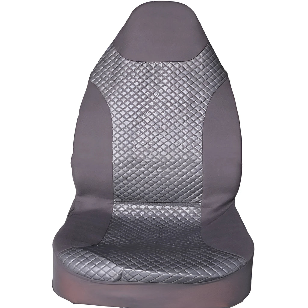 Black quilted PU car seat cover with plastic attachment hooks laid flat