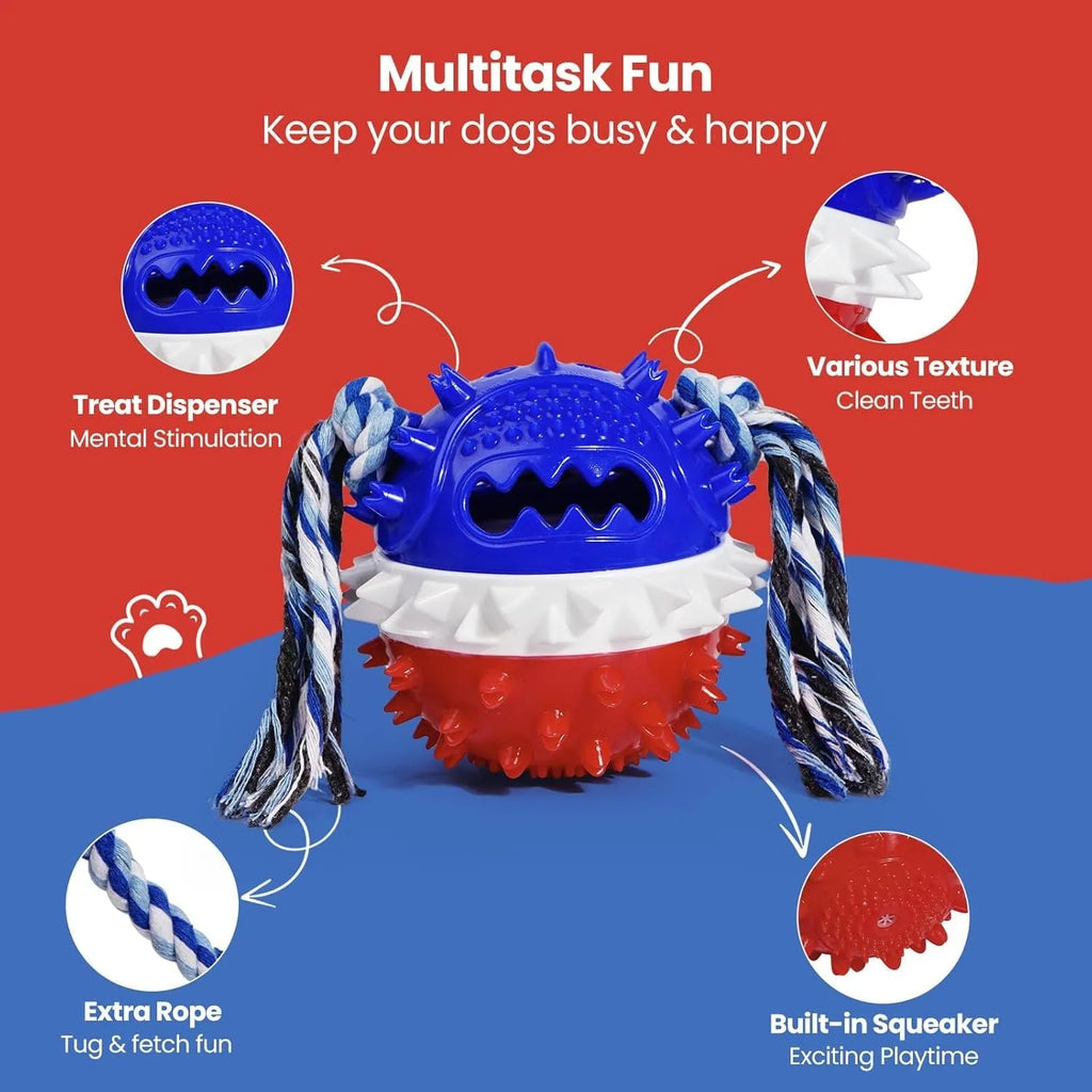 Blue and red TPR rubber dog chew toy with rope attachment and treat dispenser hole