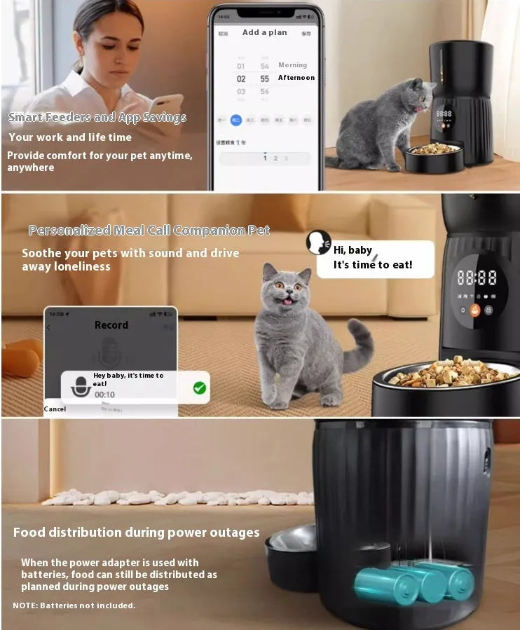 Black automatic pet feeder with digital display and stainless steel bowl on a kitchen floor.