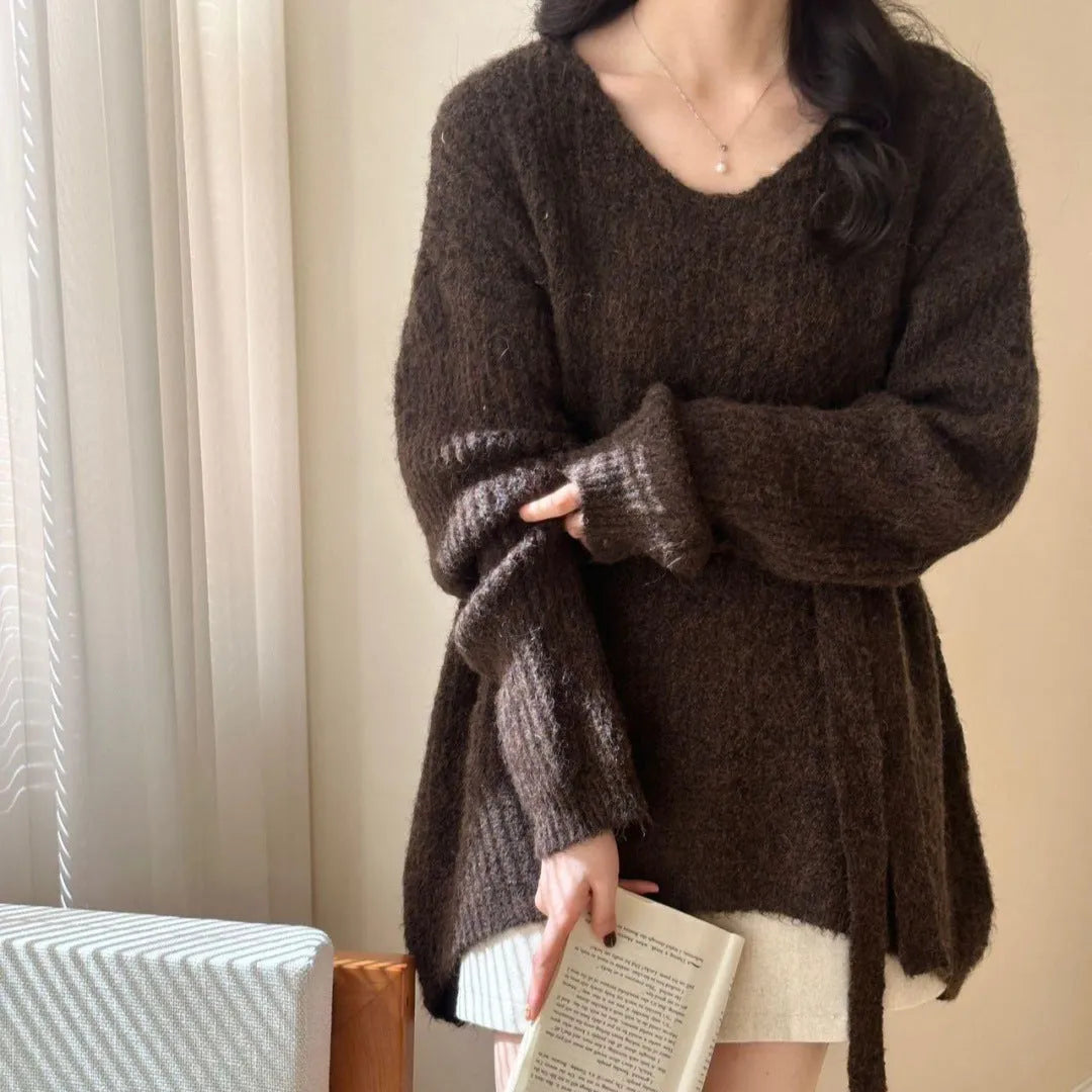 V-neck halter ribbon loose lazy style mid-length sweater in polyester for women